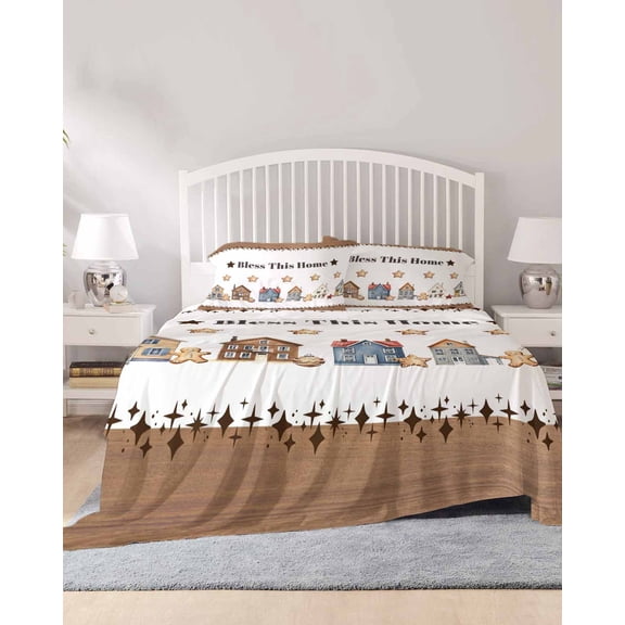 4 Piece Queen Sheet Set Vintage Gingerbread Sheets Set for Queen Size Bed, Breathable Soft Microfiber Bed Sheets Cooling Stars House Retro Art Fitted Sheet Deep Pocket, Pillowcases