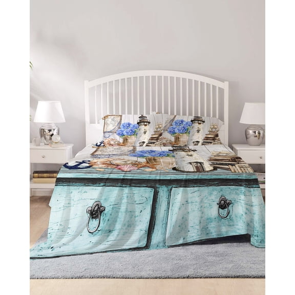 4 Piece Queen Sheet Set Vintage Lighthouse Coastal Sheets Set for Queen Size Bed, Breathable Soft Microfiber Bed Sheets Cooling Nautical Ocean Sea Retro Art Fitted Sheet Deep Pocket, Pillowcases