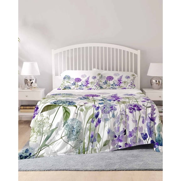 4 Piece Queen Sheet Set Watercolor Flowers Sheets Set for Queen Size Bed, Breathable Soft Bed Sheets Cooling Spring Floral Lavender Hydrangea Botanical Fitted Sheet Deep Pocket, Pillowcases