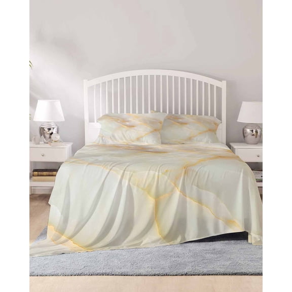 4 Piece Queen Sheet Set White Golden Marble Sheets Set for Queen Size Bed, Breathable Soft Microfiber Bed Sheets Cooling Abstract Modern Art Marble Cracks Fitted Sheet Deep Pocket, Pillowcases