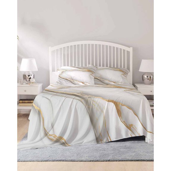 4 Piece Queen Sheet Set White Golden Marble Sheets Set for Queen Size Bed, Breathable Soft Microfiber Bed Sheets Cooling Modern Abstract Art Marble Flow Fitted Sheet Deep Pocket, Pillowcases