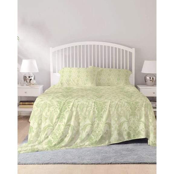 4 Piece Queen Sheet Set Yellow Baroque Sheets Set for Queen Size Bed, Breathable Soft Microfiber Bed Sheets Cooling Rustic Luxury Damask Scroll Floral Fitted Sheet Deep Pocket, Pillowcases
