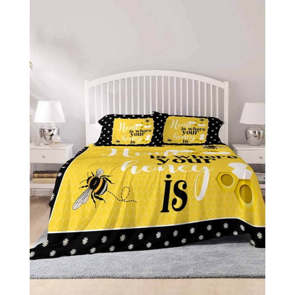 4 Piece Queen Sheet Set Yellow Bees Sheets Set for Queen Size Bed, Breathable Soft Microfiber Bed Sheets Cooling Spring Summer Watercolor Honey Textured Fitted Sheet Deep Pocket, Pillowcases