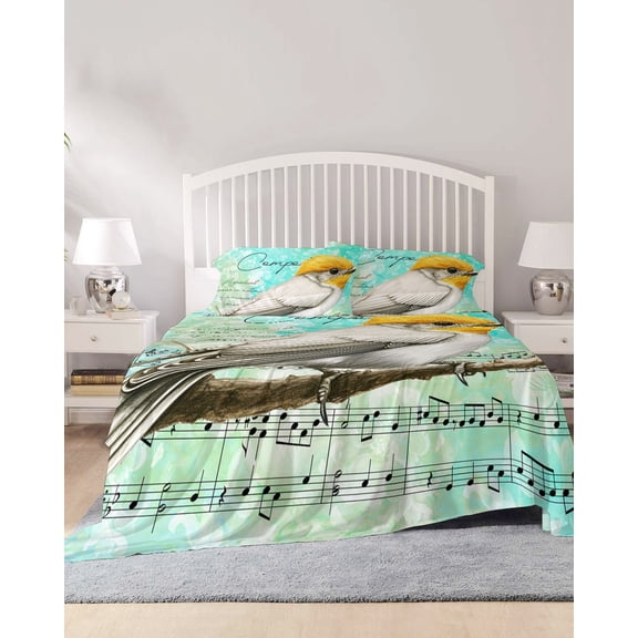 4 Piece Queen Sheet Set Yellow Bird Sheets Set for Queen Size Bed, Breathable Soft Microfiber Bed Sheets Cooling Music Farmhouse Animals Country Teal Fitted Sheet Deep Pocket, Pillowcases