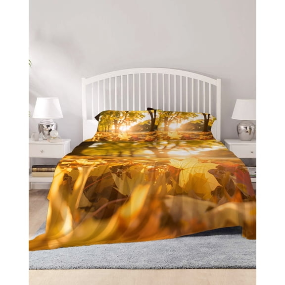 4 Piece Queen Sheet Set Yellow Fall Maple Sheets Set for Queen Size Bed, Breathable Soft Microfiber Bed Sheets Cooling Autumn Leaves Country Rustic Deciduous Fitted Sheet Deep Pocket, Pillowcases