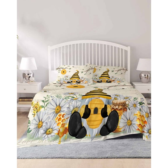 4 Piece Queen Sheet Set Yellow Gnomes Sheets Set for Queen Size Bed, Breathable Soft Microfiber Bed Sheets Cooling Spring Floral Bees Daisy Branches Fitted Sheet Deep Pocket, Pillowcases