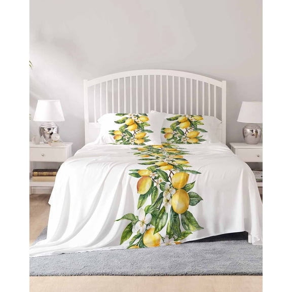 4 Piece Queen Sheet Set Yellow Lemon Sheets Set for Queen Size Bed, Breathable Soft Microfiber Bed Sheets Cooling Simple Spring Botanical Fruit Leaves Flower Fitted Sheet Deep Pocket, Pillowcases