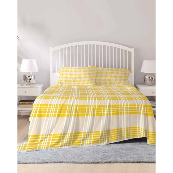 4 Piece Queen Sheet Set Yellow Plaid Striped Sheets Set for Queen Size Bed, Breathable Soft Microfiber Bed Sheets Cooling Farmhouse Checkered Modern Abstract Art Fitted Sheet Deep Pocket, Pillowcases