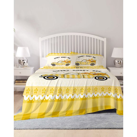 4 Piece Queen Sheet Set Yellow Truck Sheets Set for Queen Size Bed, Breathable Soft Microfiber Bed Sheets Cooling Spring Bees Daisy Car Star Buffalo Plaid Lines Fitted Sheet Deep Pocket, Pillowcases
