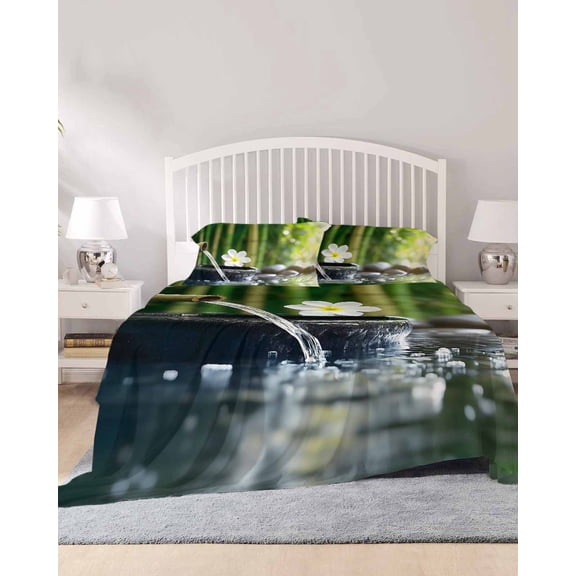 4 Piece Queen Sheet Set Zen Stones Water Flowing Sheets Set for Queen Size Bed, Breathable Soft Microfiber Bed Sheets Cooling Floral Green Forest Fitted Sheet Deep Pocket, Pillowcases