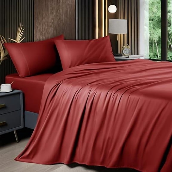 4 Piece Queen Sheet Sets, Cooling Sheets, Blend Rayon Derived from Bamboo, Deep Pocket Up to 16", Breathable & Soft Bed Sheets, Hotel Silky Bedding Set, Burgundy