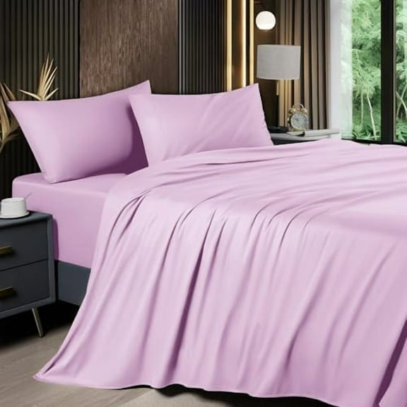 4 Piece Queen Sheet Sets, Cooling Sheets, Blend Rayon Derived from Bamboo, Deep Pocket Up to 16", Breathable & Soft Bed Sheets, Hotel Silky Bedding Set, Lilac