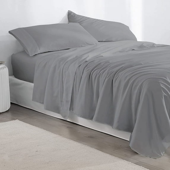 4 Piece Queen Size Sheet Set - 100% Cotton 400 Thread Count Sheet Set - Light Grey Solid -Luxurious Bedding