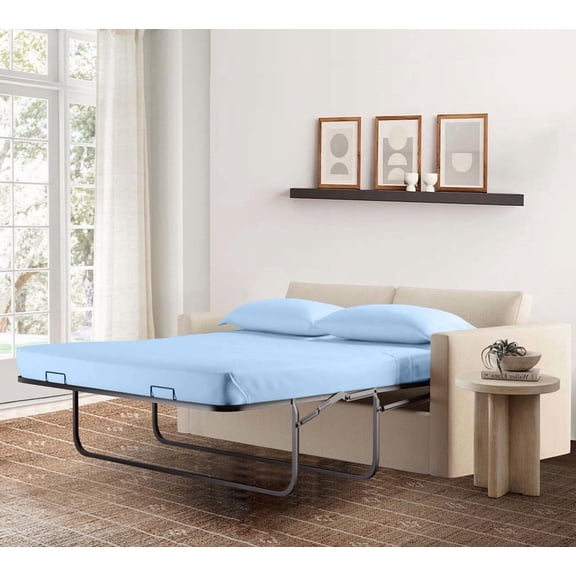 4-Piece Queen Sleeper Sofa Sheet Set, 100% Egyptian Cotton, 1000 Thread Count, Fits 5" Deep Pull-Out Couch Mattress (60" x 74") - Light Blue Solid