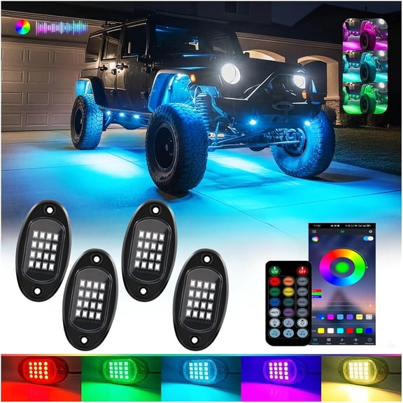 4 Piece RGB LED Truck Rock Light Kit, App Controlled Underbody Neon Lights