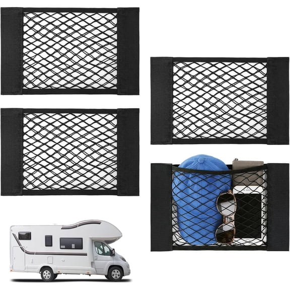 4-Piece RV Storage Net Set  Elastic nets with 8 adhesive mounting straps, suitable for SUVs and pickup trucks (Size: 15.4 x 9.4 inches)