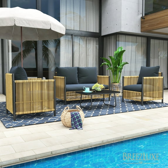 4 Piece Rattan Chair Patio Set, Wicker Cushioned Conversation Set with Loveseat and Coffee Table, Weather Resistant Outdoor Sectional Sofa, Patio Furniture Set for Porch Garden Poolside