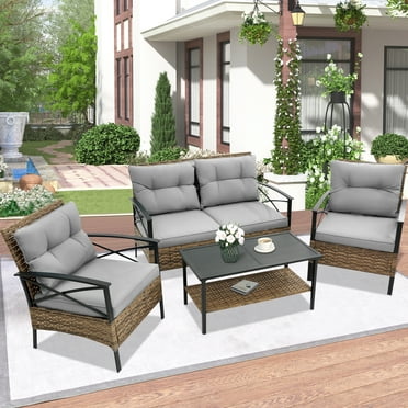 Sesslife 4 PE Rattan Cushion Covers Sets with 2 x Single Armchairs and Loveseat, Brown/Beige