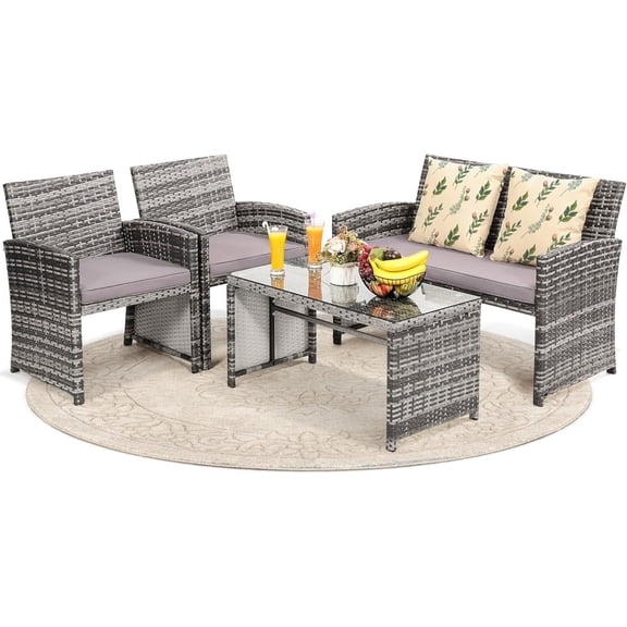 4 Piece Rattan Patio Furniture Conversation Set, Includes 1 Sofa, 2 Chairs, and Coffee Table, Ideal for Garden, Porch, Backyard, Grey Wicker with Light Grey Overstuffed Cushions