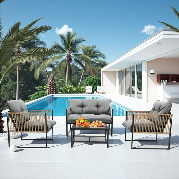 4 Piece Rattan Patio Furniture Set, Outdoor Dining Set with Cushions & Tempered Glass Table, Garden Patio Sectional Conversation Set with PE Rattan Wicker Chairs
