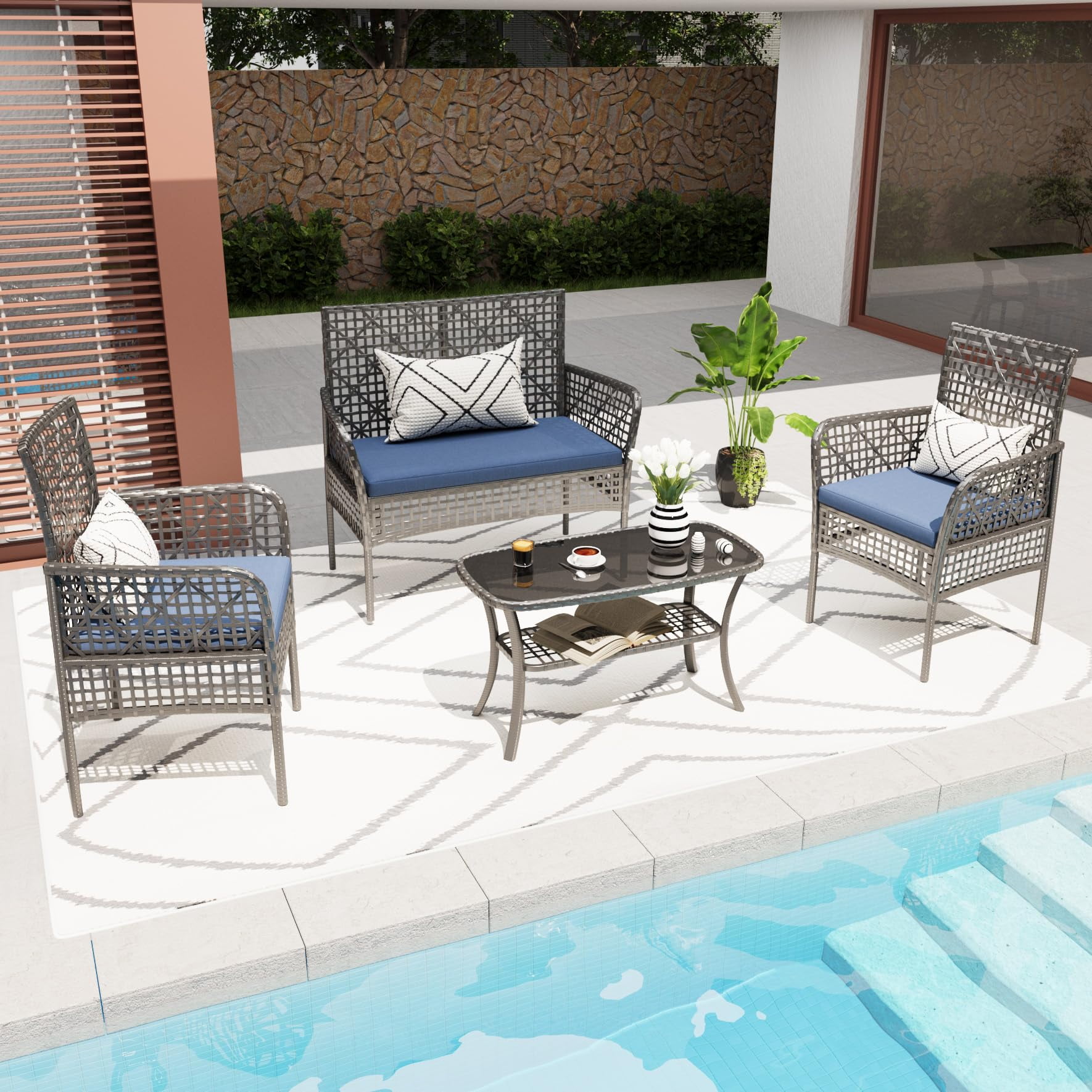 4-Piece Rattan Patio Furniture Set, Outdoor Table & Chairs Set with Cushions, Balcony Porch Garden Backyard Lawn Patio Conversation Set, Acacia Wood Table Top