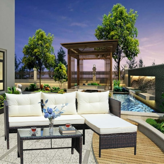UHOMEPRP 3 Piece Rattan Patio Sofa Set, All-Weather Outdoor Patio Furniture Set, PE Rattan Wicker Patio Conversation Set with Table and Cushions, Modern Sectional Sofa Set for Patio Garden Poolside