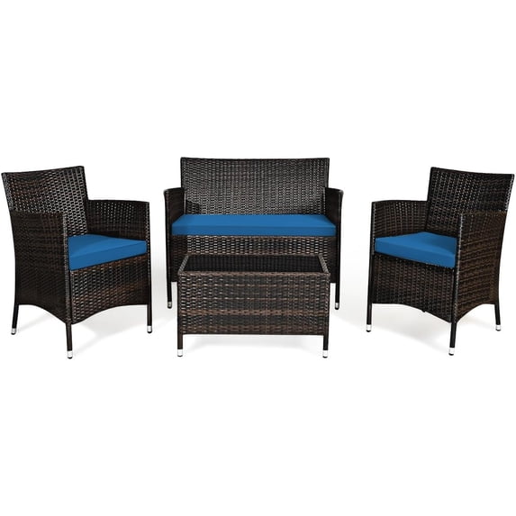 4-Piece Rattan Patio Set, Outdoor/Indoor Wicker Conversation Set for Pool, Backyard, Lawn, Wicker Chairs and Sofa with Soft Cushion, Rattan Furniture with Tempered Glass Coffee Table