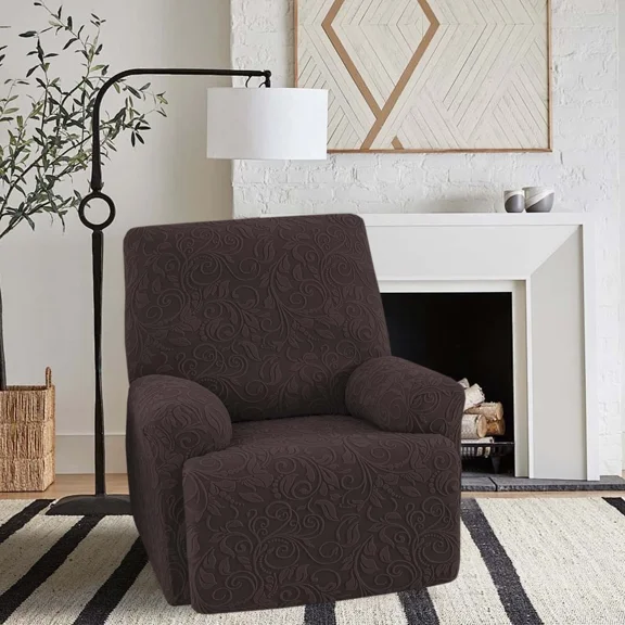 4-Piece Recliner Chair Covers Stretch Jacquard Chair Covers for Reclining Chair Recliner Slipcovers for Living Room Soft Recliner Protector with Pocket, Dark Brown