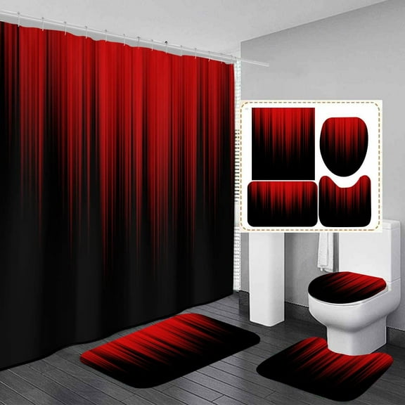 4 Piece Red and Black Shower Curtain Ombre Mens Gothic Abstract Cool Art 72Wx72L Curtains Decor with Non-Slip Rugs, Toilet Lid Cover and Bath Mat Bathroom Accessories Home Bathtub Set