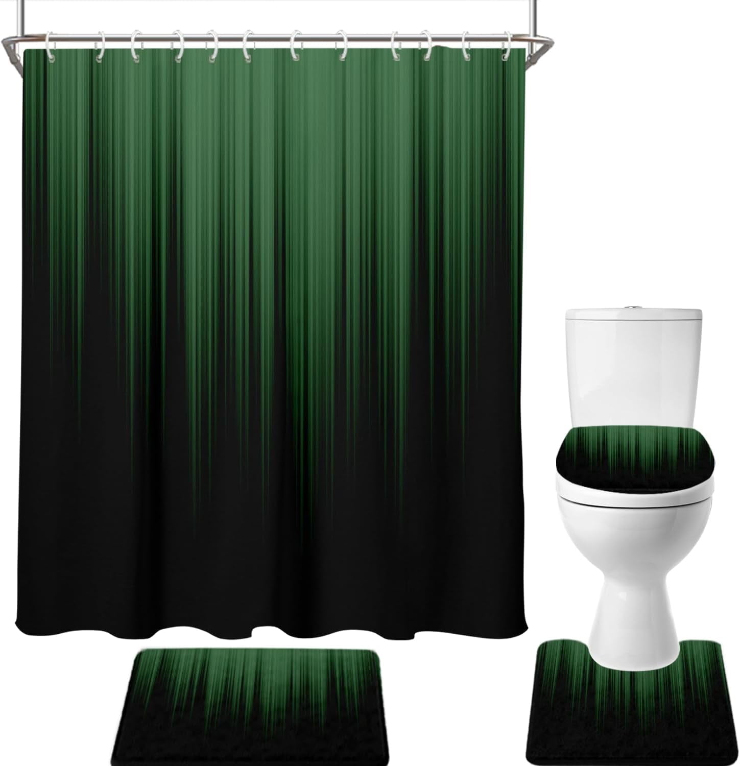 4 Piece Green and Black Shower Curtain Set Ombre Abstract Striped Mens Gothic Boys Modern 72Wx72L Curtains Decor with Non-Slip Rugs, Toilet Lid Cover and Bath Mat Bathroom Accessories