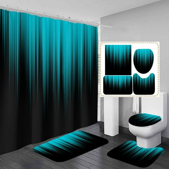 4 Piece Teal and Black Shower Curtain Set Turquoise Aqua Ombre Dark Gothic 72Wx72L Curtains Decor with Non-Slip Rugs, Toilet Lid Cover and Bath Mat Bathroom Accessorie Home Bathtub Set