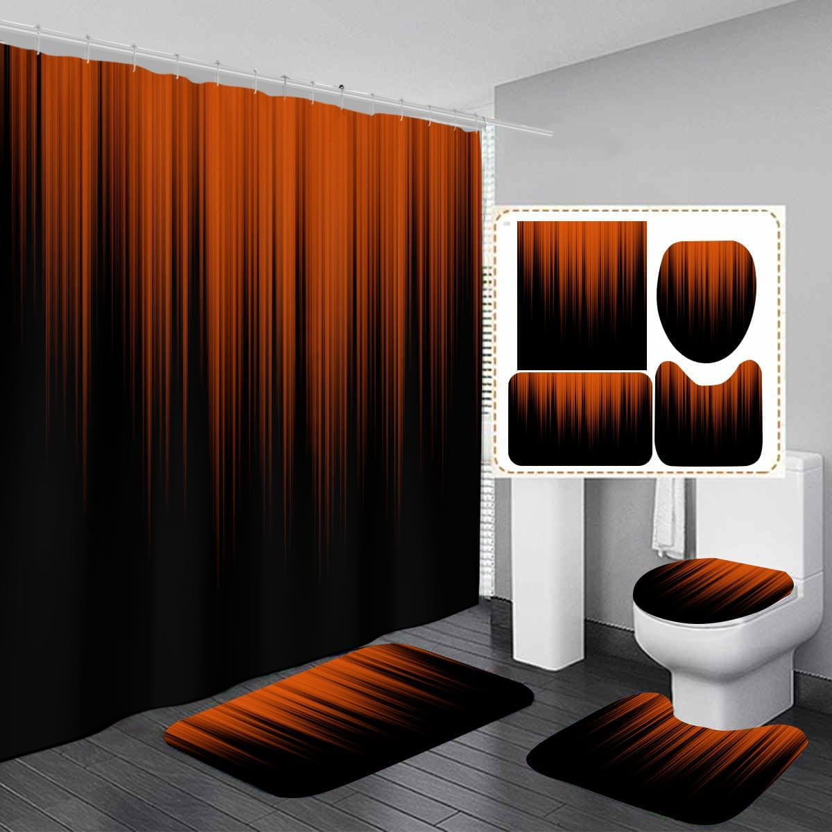 4 Piece Red and Black Shower Curtain Ombre Mens Gothic Abstract Cool Art 72Wx72L Curtains Decor with Non-Slip Rugs, Toilet Lid Cover and Bath Mat Bathroom Accessories Home Bathtub Set