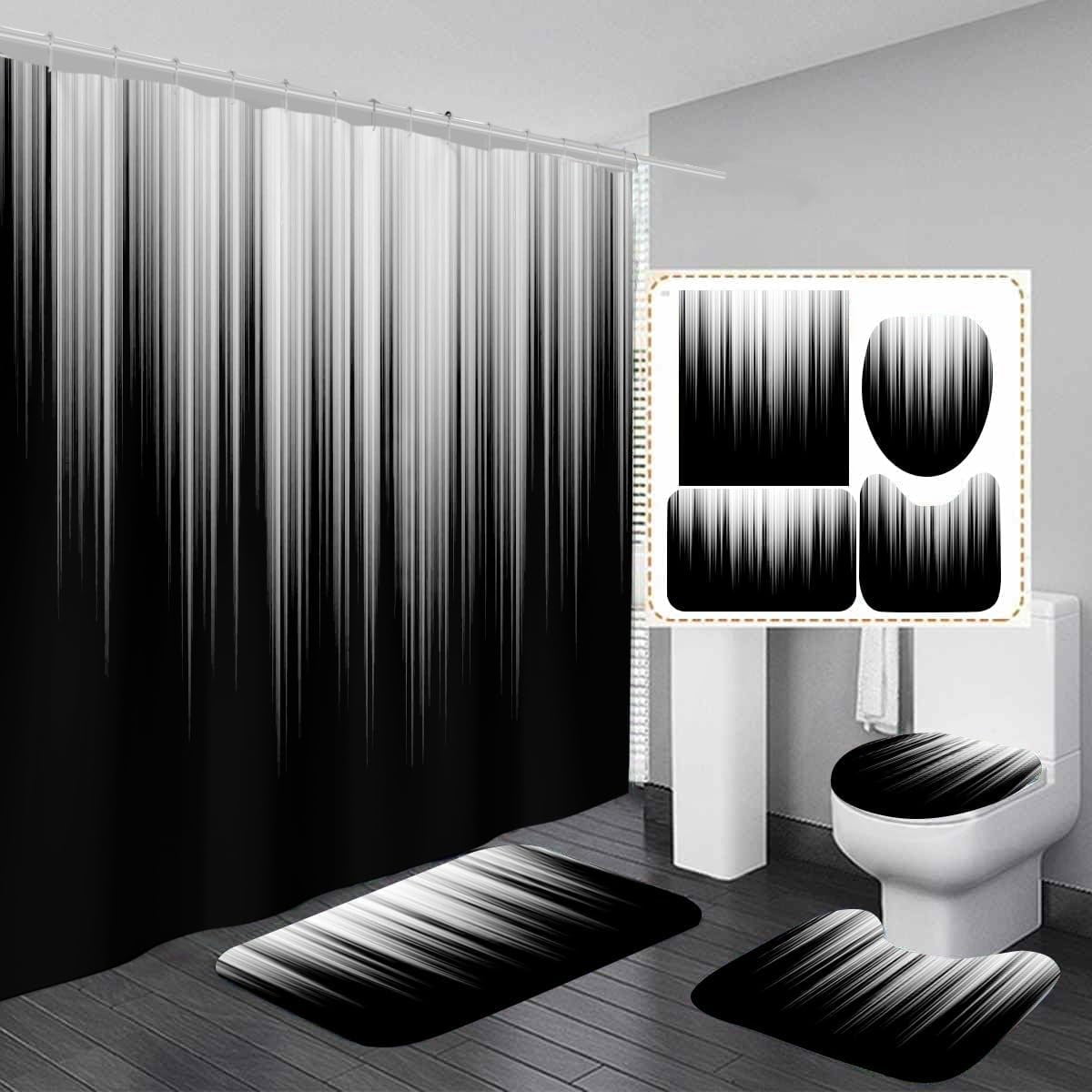 4 Piece Black and Grey Shower Curtain Set White Gray Silver Ombre Mens Cool Gothic Trendy 72Wx72L Curtains Decor with Non-Slip Rugs, Toilet Lid Cover and Bath Mat Bathroom Accessories