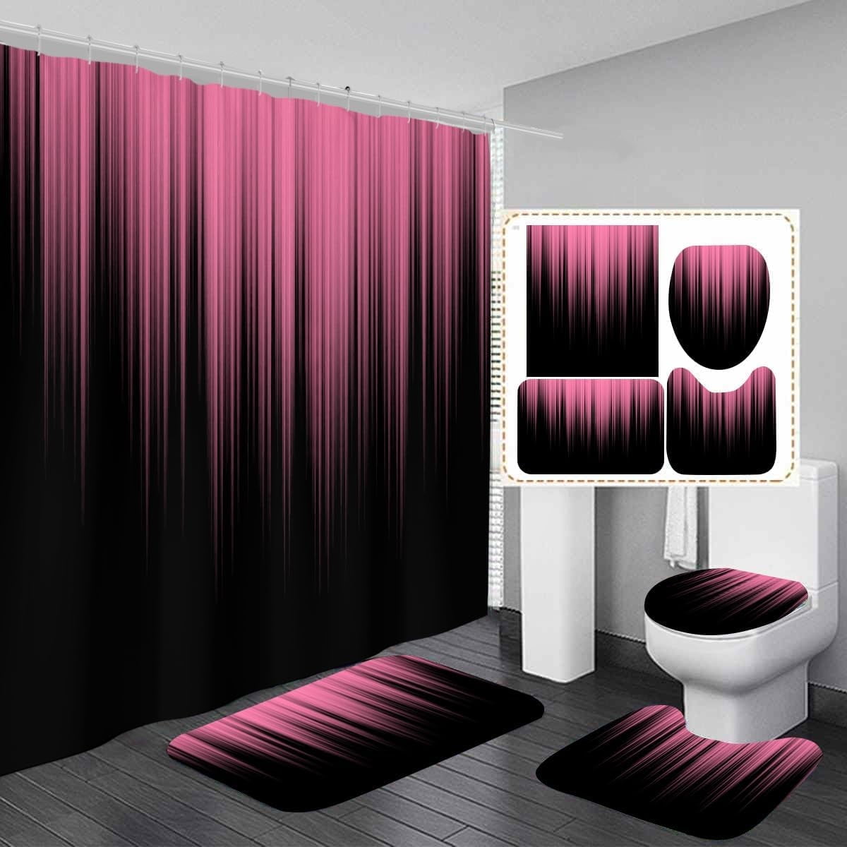 4 Piece Pink and Black Shower Curtain Set Ombre Cute Teen Girls Two Tone Designer Preppy 72Wx72L Curtains Decor with Non-Slip Rugs, Toilet Lid Cover and Bath Mat Bathroom Accessories