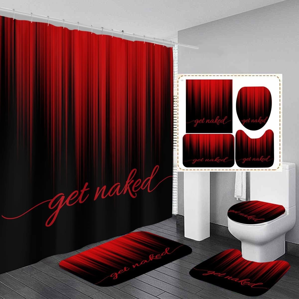4 Piece Red and Black Shower Curtain Set Get Naked Burgundy Ombre Simple 72Wx72L Curtains Decor with Non-Slip Rugs, Toilet Lid Cover and Bath Mat Bathroom Accessorie Home Bathtub Set, Gradient