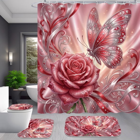 4-Piece Red Fantasy Romatic Butterfly Floral Shower Curtain Set Decor