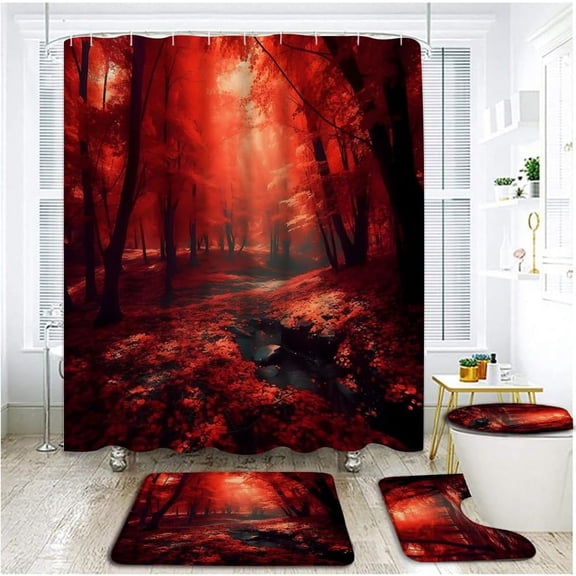 4 Piece Red Forest Shower Curtain Sets with Rugs, Toilet Lid Cover , Autumn Jungle Leaves Maple Foliage Road Misty Tree Sunshine Nature Scenery Romantic Fall Bathroom Shower Curtain with 12 Hooks
