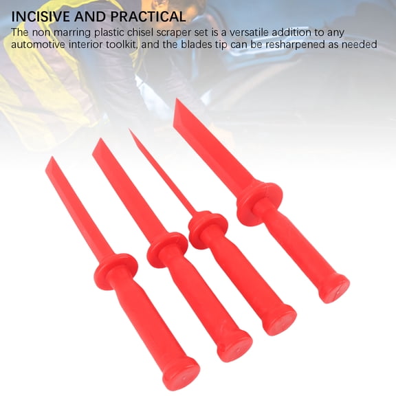 4-Piece Red Nylon Plastic Chisel Scraper Set for Automotive Decal, Sticker, and Paint Removal - Non-Marring Safety Tools with Ergonomic Handles