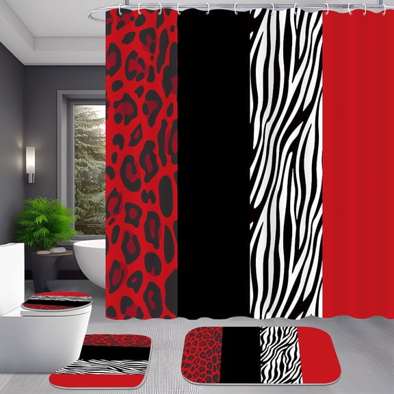4 Piece Red and Black Leopard Zebra Print Shower Curtain Set with Rugs