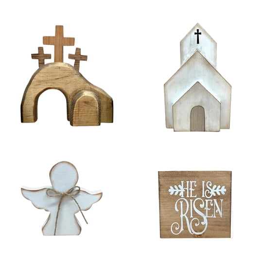 4-Piece Religious Easter Wooden Tiered Tray Decor Set,Rustic He Is Risen Sign and Church Figurine for Seasonal Home Tabletop Display,Farmhouse Style-B