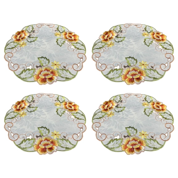 4 Piece Retro Floral Embroidery Kitchen Placemat 11.8Inch Round Cup Pad Heatproof Tabletop Protectors