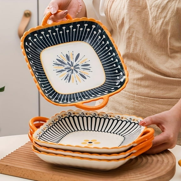 4-Piece Retro Nordic Ceramic Set - 9.25-Inch Square with Handles - Oven-Safe for Baking, Gratin - Dishwasher Safe Durable Design