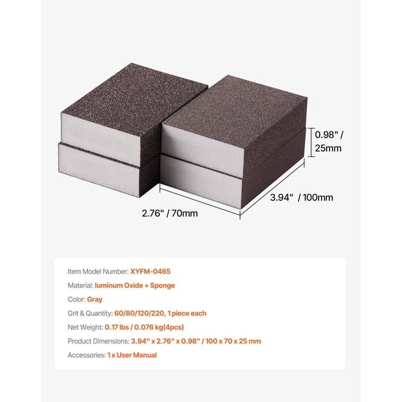 4-Piece Reusable Sanding Sponge Set - 60/80/120/220 Grit Washable Sanding Blocks for Fine & Coarse Sanding
