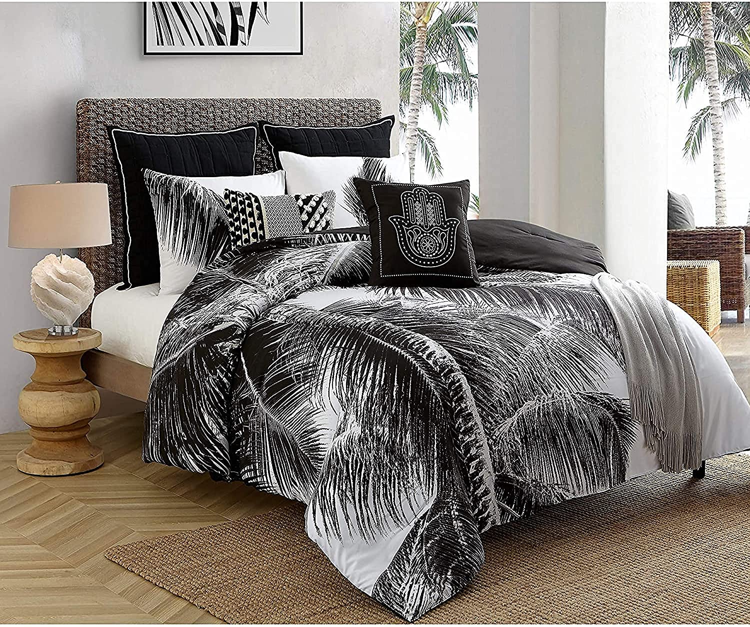 4-Piece Reversible Comforter Set Tropical Pattern Full/Queen Natural Palm Oasis Black