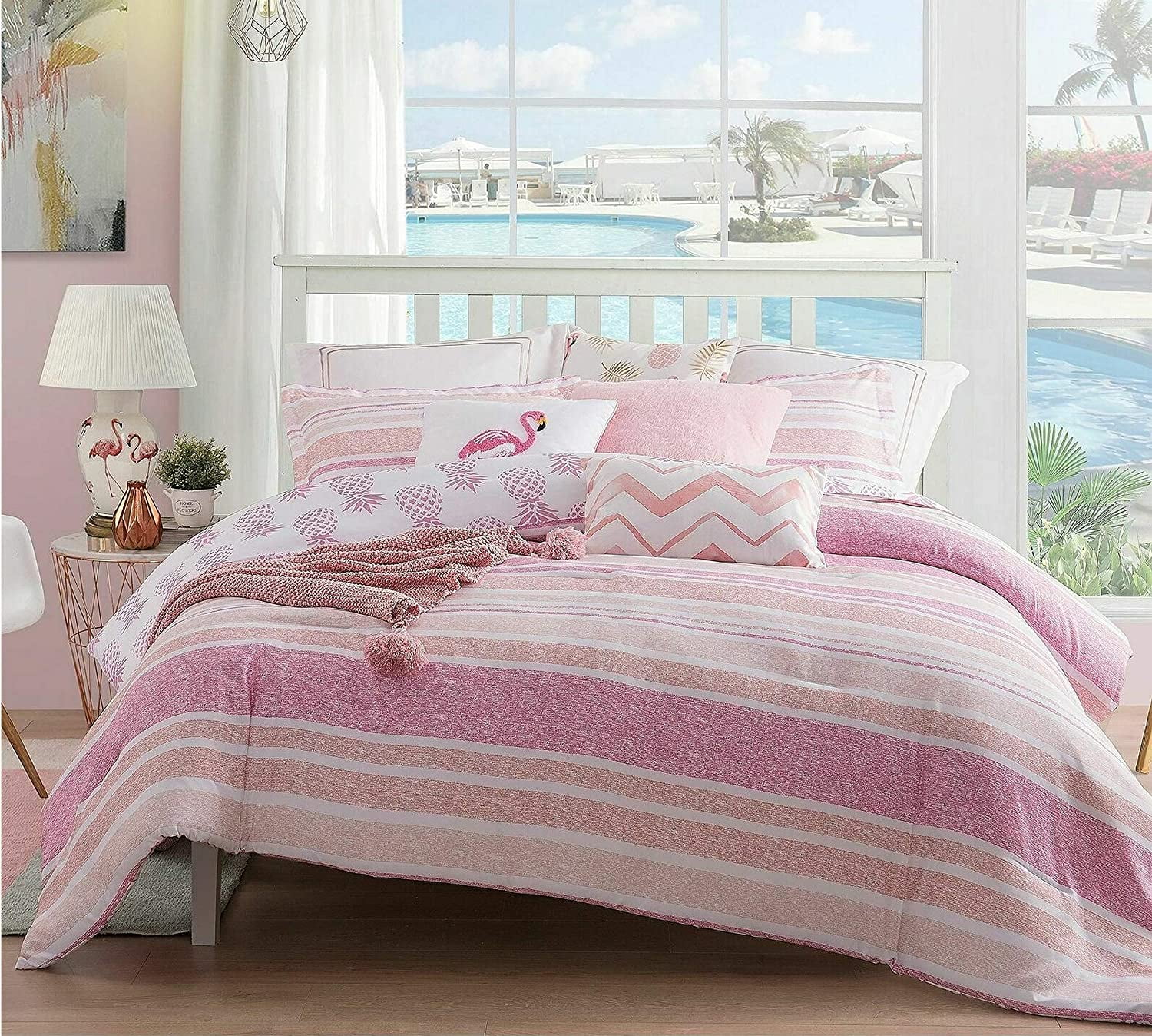 4-Piece Reversible Comforter Set Tropical Pattern Full/Queen Pineapple Whimsical Pink