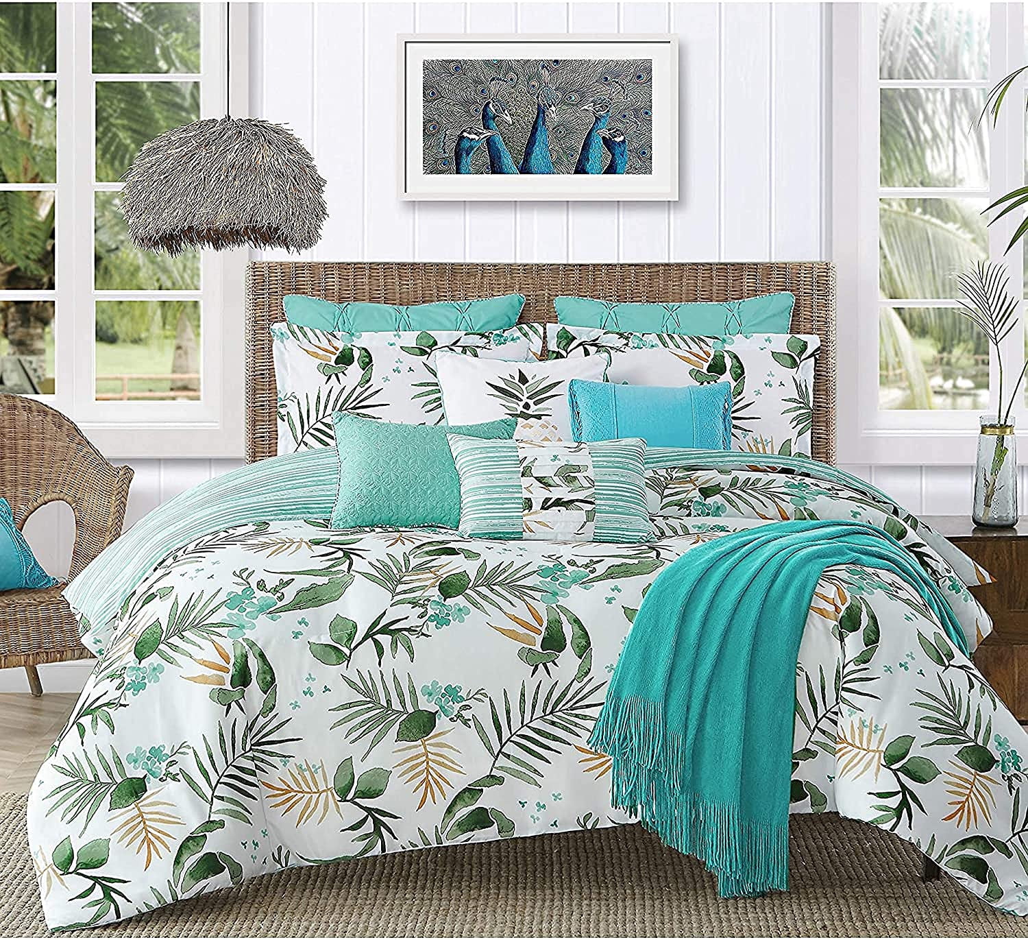 4-Piece Reversible Comforter Set Tropical Pattern King Size Nassau Palm Leaves