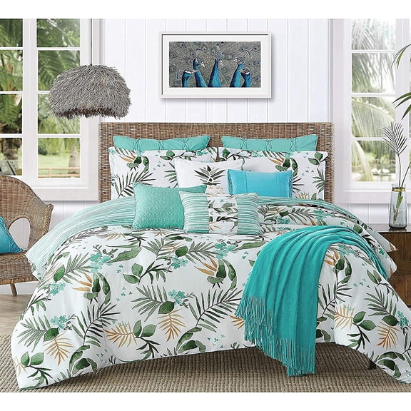 4-Piece Reversible Comforter Set Tropical Pattern King Size Nassau Palm Leaves
