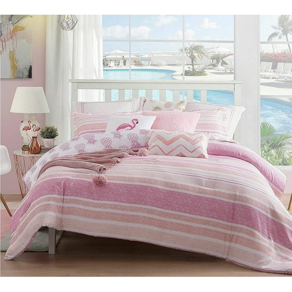 4-Piece Reversible Comforter Set Tropical Pattern King Size Pineapple Whimsical Pink