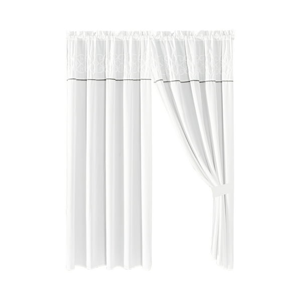 4-Piece Richi Curtain Set Drape Sheer Liner|Scroll Floral Lotus Embroidery|Rod Pocket|White