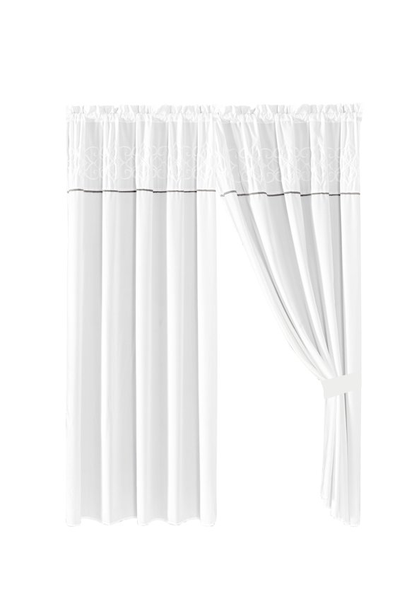 4-Piece Richi Curtain Set Drape Sheer Liner|Scroll Floral Lotus Embroidery|Rod Pocket|White